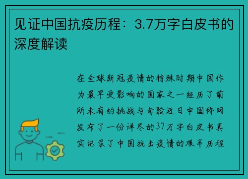 见证中国抗疫历程：3.7万字白皮书的深度解读