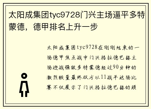 太阳成集团tyc9728门兴主场逼平多特蒙德，德甲排名上升一步